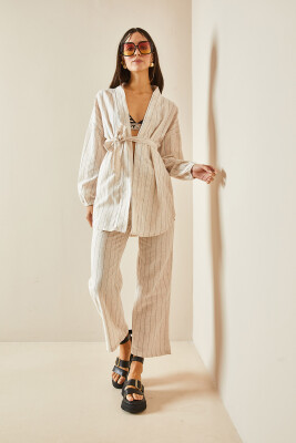 Bej Çizgili & Kuşaklı Keten Kimono Takım 5YXK4-48386-25 - 5