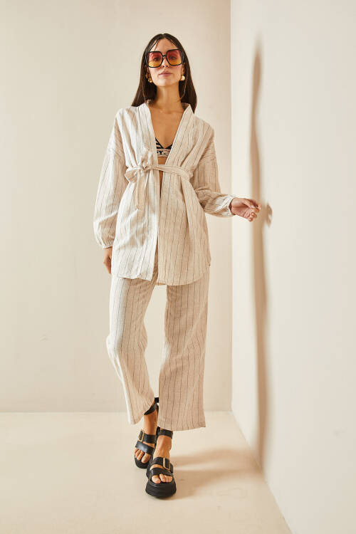 Bej Çizgili & Kuşaklı Keten Kimono Takım 5YXK4-48386-25 - 5
