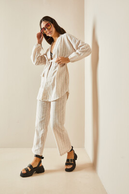 Bej Çizgili & Kuşaklı Keten Kimono Takım 5YXK4-48386-25 - 6