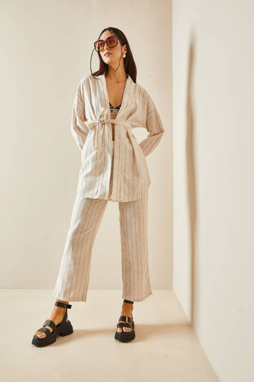 Bej Çizgili & Kuşaklı Keten Kimono Takım 5YXK4-48386-25 - 7