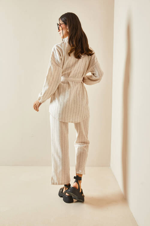 Bej Çizgili & Kuşaklı Keten Kimono Takım 5YXK4-48386-25 - 8