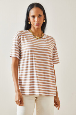 Bej Çizgili Oversize Basic Tişört 5YXK1-48262-25 - 3