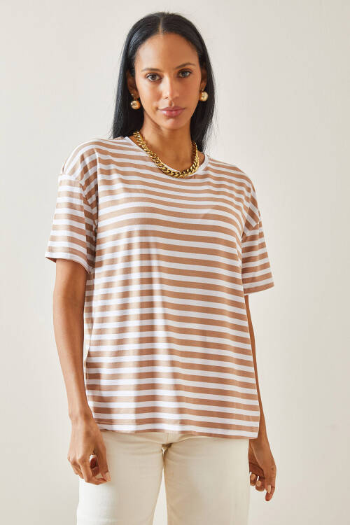 Bej Çizgili Oversize Basic Tişört 5YXK1-48262-25 - 3