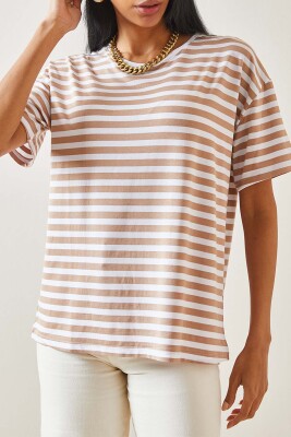 Bej Çizgili Oversize Basic Tişört 5YXK1-48262-25 