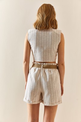 Bej Çizgili Polo Yaka Keten Şortlu Takım 3YXK8-47343-25 - 5