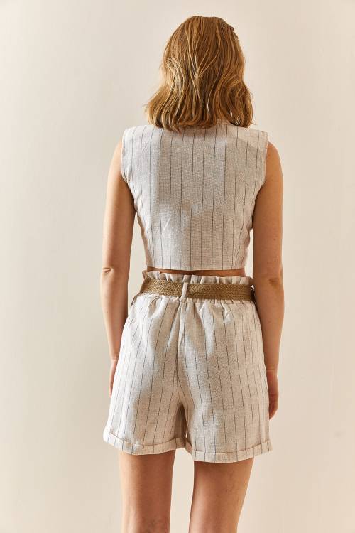 Bej Çizgili Polo Yaka Keten Şortlu Takım 3YXK8-47343-25 - 5