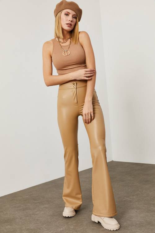 Bej Deri İspanyol Paça Pantolon 2KXK5-45581-25 - 3