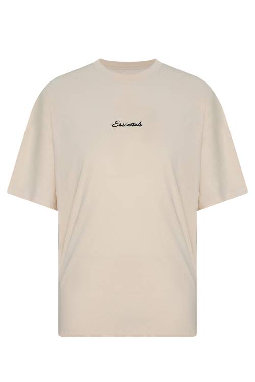 XHAN - Bej Essentials Nakışlı Oversize T-Shirt 2YXE2-45972-25