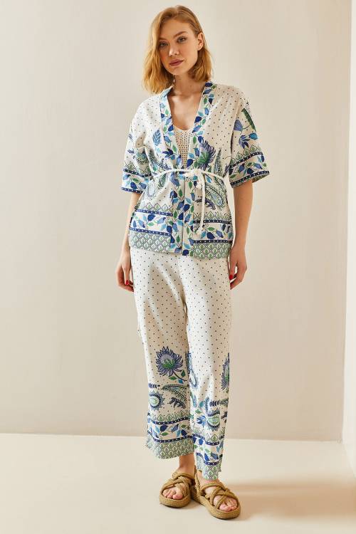 Bej Etnik Desenli Kimono Takım 3YXK8-47309-25 - 2
