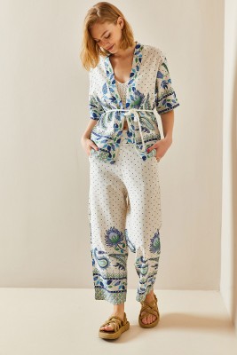 Bej Etnik Desenli Kimono Takım 3YXK8-47309-25 - 3