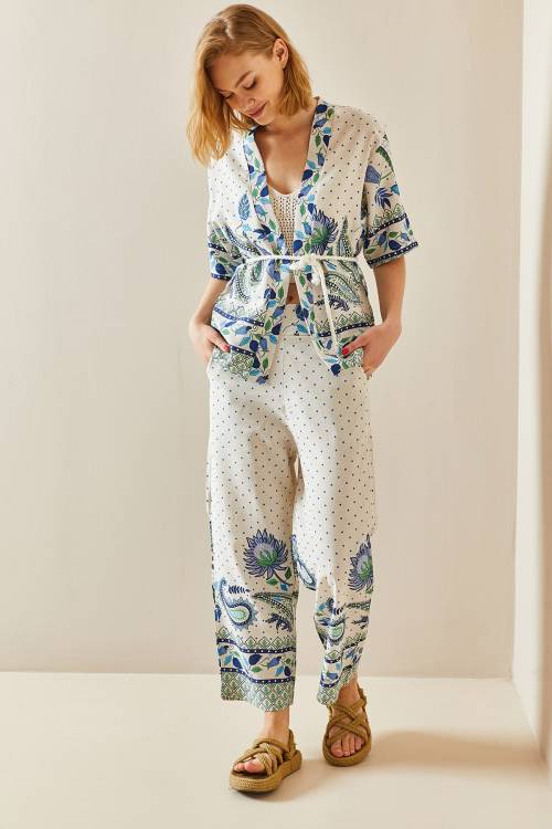 Bej Etnik Desenli Kimono Takım 3YXK8-47309-25 - 3