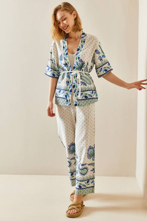 Bej Etnik Desenli Kimono Takım 3YXK8-47309-25 - 5