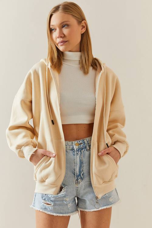 Bej Fermuarlı Kapüşonlü Sweatshirt 4KXK8-47606-25 - 4