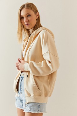 Bej Fermuarlı Kapüşonlü Sweatshirt 4KXK8-47606-25 - 5