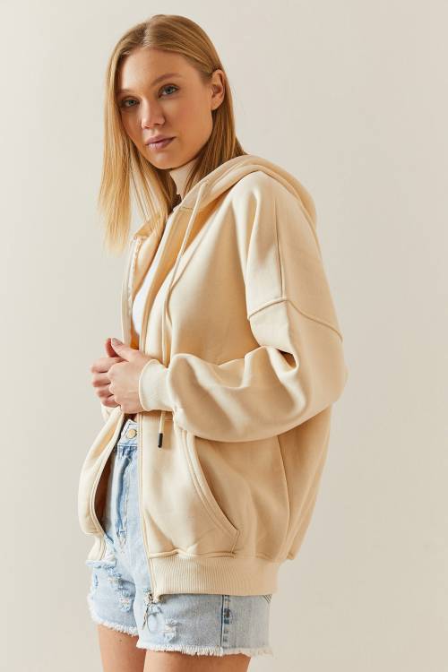 Bej Fermuarlı Kapüşonlü Sweatshirt 4KXK8-47606-25 - 5