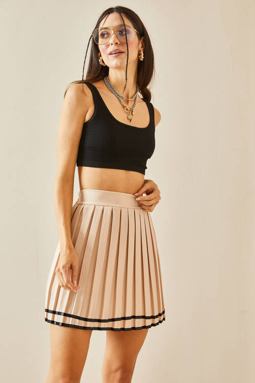 Bej Fermuarlı Pilise Detaylı Mini Etek 5YXK7-48356-25 - 4