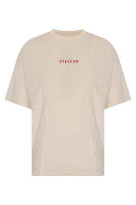 Bej Freedom Nakışlı Fitilli Oversize T-Shirt 2YXE2-45986-25 - Thumbnail