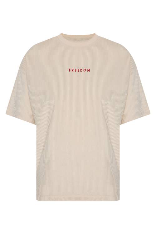 XHAN - Bej Freedom Nakışlı Fitilli Oversize T-Shirt 2YXE2-45986-25