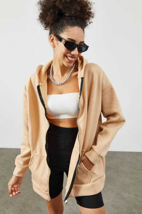 Bej Kapüşonlü Polar Sweatshirt 2KXK8-45544-25 - 7