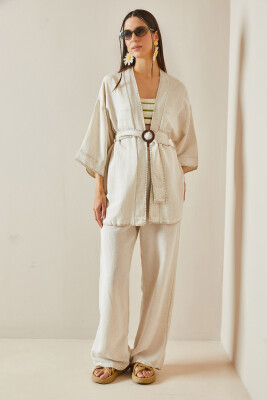 Bej Kemerli Bol Paça Keten Kimono Takım 5YXK8-48611-25 - 2