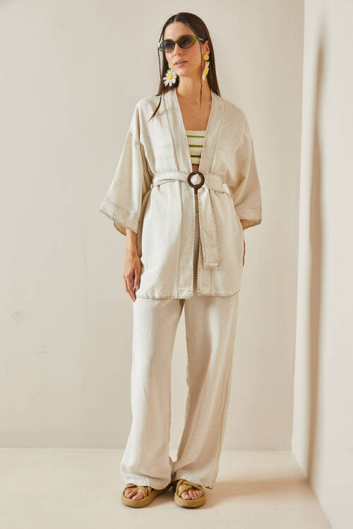 Bej Kemerli Bol Paça Keten Kimono Takım 5YXK8-48611-25 - 2