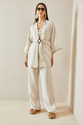 Bej Kemerli Bol Paça Keten Kimono Takım 5YXK8-48611-25 - 3