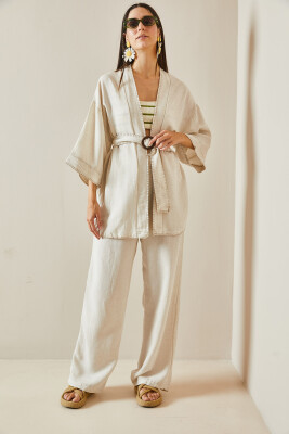 Bej Kemerli Bol Paça Keten Kimono Takım 5YXK8-48611-25 - 4
