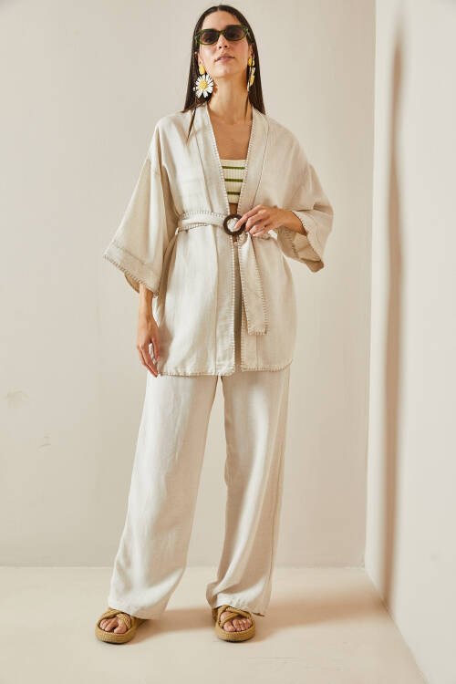 Bej Kemerli Bol Paça Keten Kimono Takım 5YXK8-48611-25 - 4