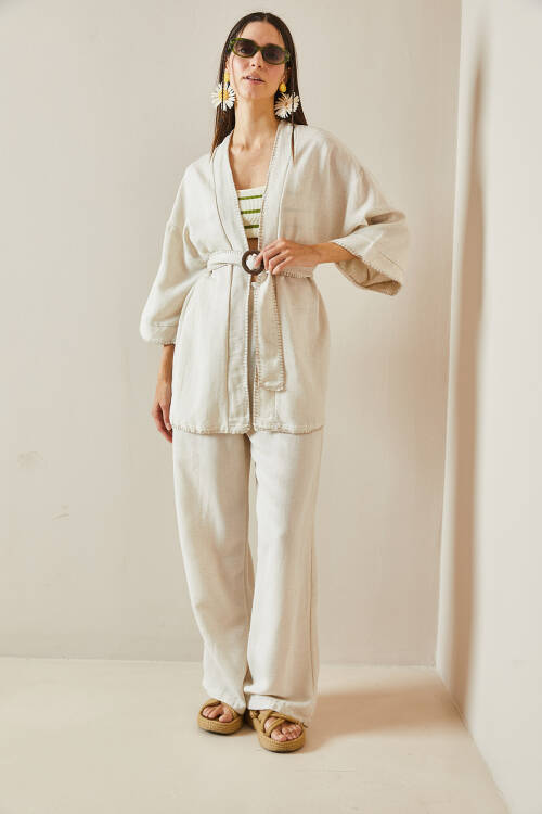 Bej Kemerli Bol Paça Keten Kimono Takım 5YXK8-48611-25 - 5