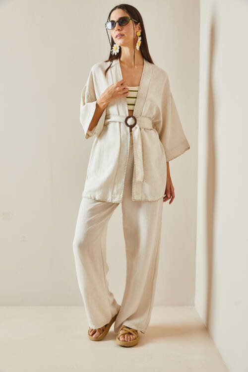 Bej Kemerli Bol Paça Keten Kimono Takım 5YXK8-48611-25 - 6