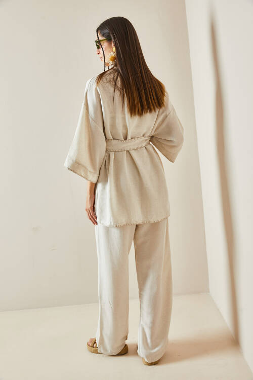 Bej Kemerli Bol Paça Keten Kimono Takım 5YXK8-48611-25 - 7