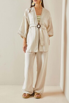 Bej Kemerli Bol Paça Keten Kimono Takım 5YXK8-48611-25 - XHAN