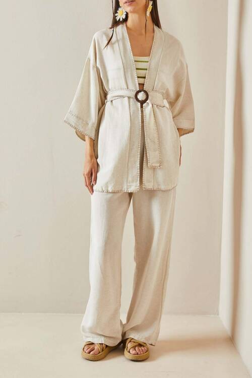 Bej Kemerli Bol Paça Keten Kimono Takım 5YXK8-48611-25 - 1
