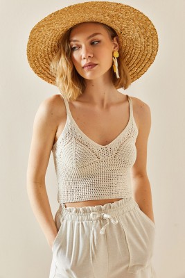 Bej Kroşe Askılı Crop Bluz 3YXK2-47306-25 - 1