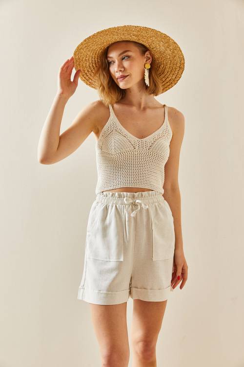 Bej Kroşe Askılı Crop Bluz 3YXK2-47306-25 - 2