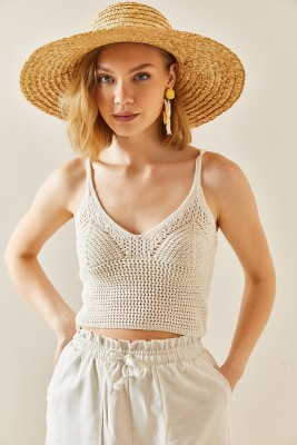 Bej Kroşe Askılı Crop Bluz 3YXK2-47306-25 - 3