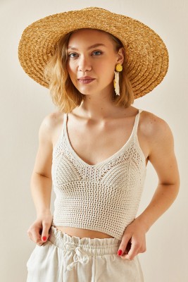 Bej Kroşe Askılı Crop Bluz 3YXK2-47306-25 - 4