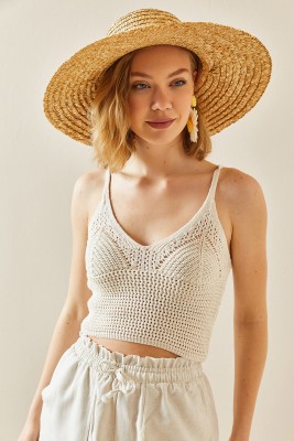 Bej Kroşe Askılı Crop Bluz 3YXK2-47306-25 - 5