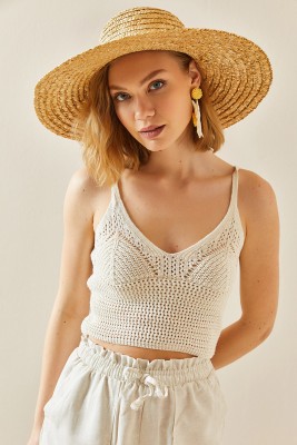 Bej Kroşe Askılı Crop Bluz 3YXK2-47306-25 - 6