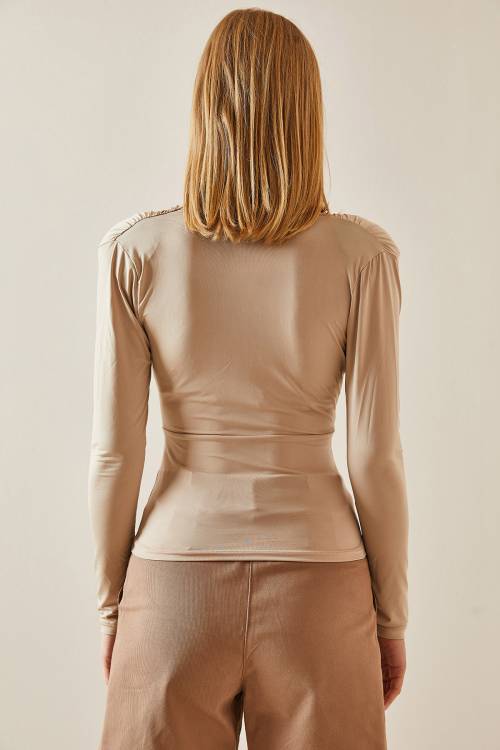 Bej Kruvaze Yaka Crop Bluz 4KXK2-47778-25 - 8
