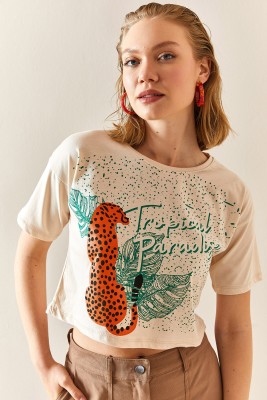 XHAN - Bej Leopar Desenli Crop T-Shirt 3YXK1-47319-25