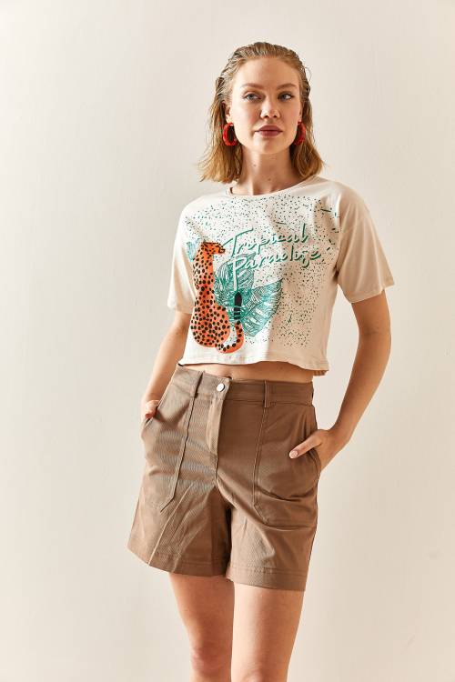 Bej Leopar Desenli Crop Tişört 3YXK1-47319-25 - 2