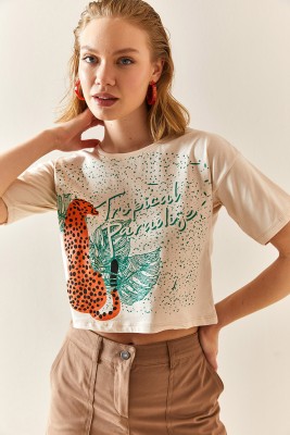 Bej Leopar Desenli Crop Tişört 3YXK1-47319-25 - 3