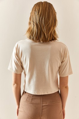 Bej Leopar Desenli Crop Tişört 3YXK1-47319-25 - 4