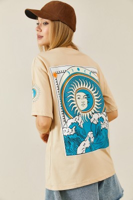 Bej Moon Baskılı Oversize Tişört 3KXK1-46857-25 