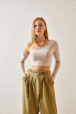 Bej Omuz Dekolteli Crop Bluz 4KXK2-47652-25 - 3