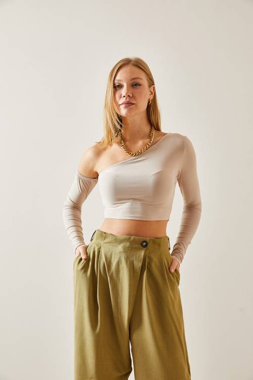Bej Omuz Dekolteli Crop Bluz 4KXK2-47652-25 - 3