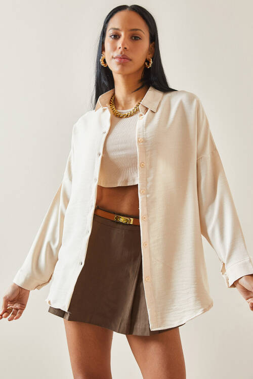 Bej Oversize Basic Keten Gömlek 5YXK2-48269-25 - 2