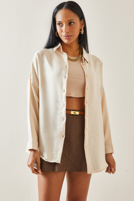 Bej Oversize Basic Keten Gömlek 5YXK2-48269-25 - 3