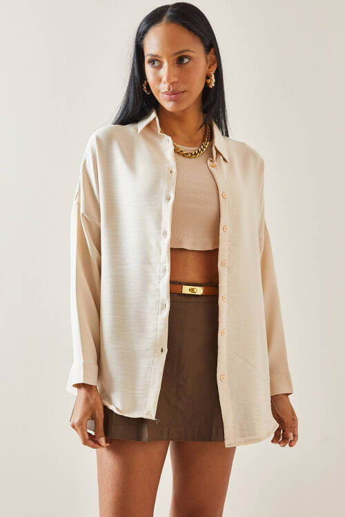 Bej Oversize Basic Keten Gömlek 5YXK2-48269-25 - 3